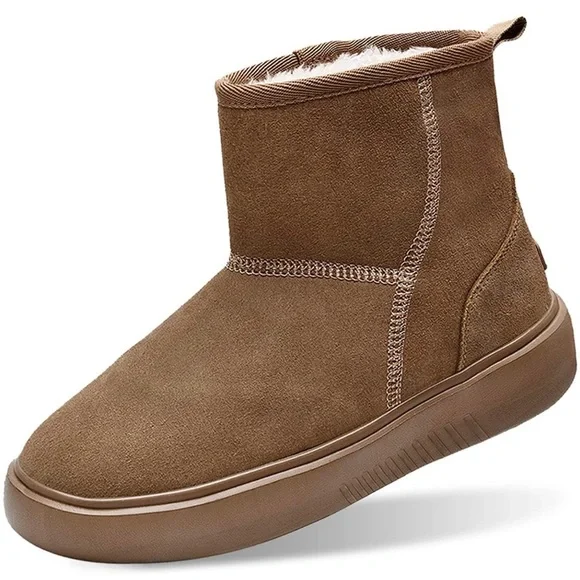 New Womens Winter Fur Lined Suede Ankle Snow Boots Brown - Picture 1 of 7